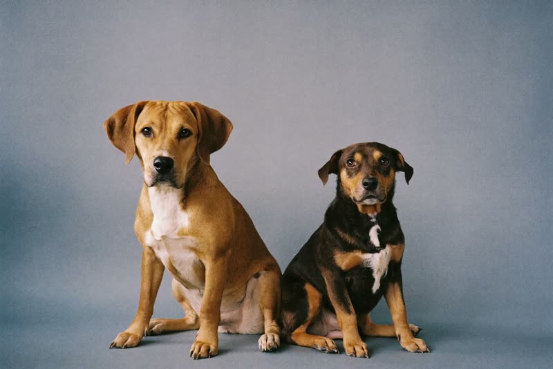 Two dogs waiting calmly before their groom